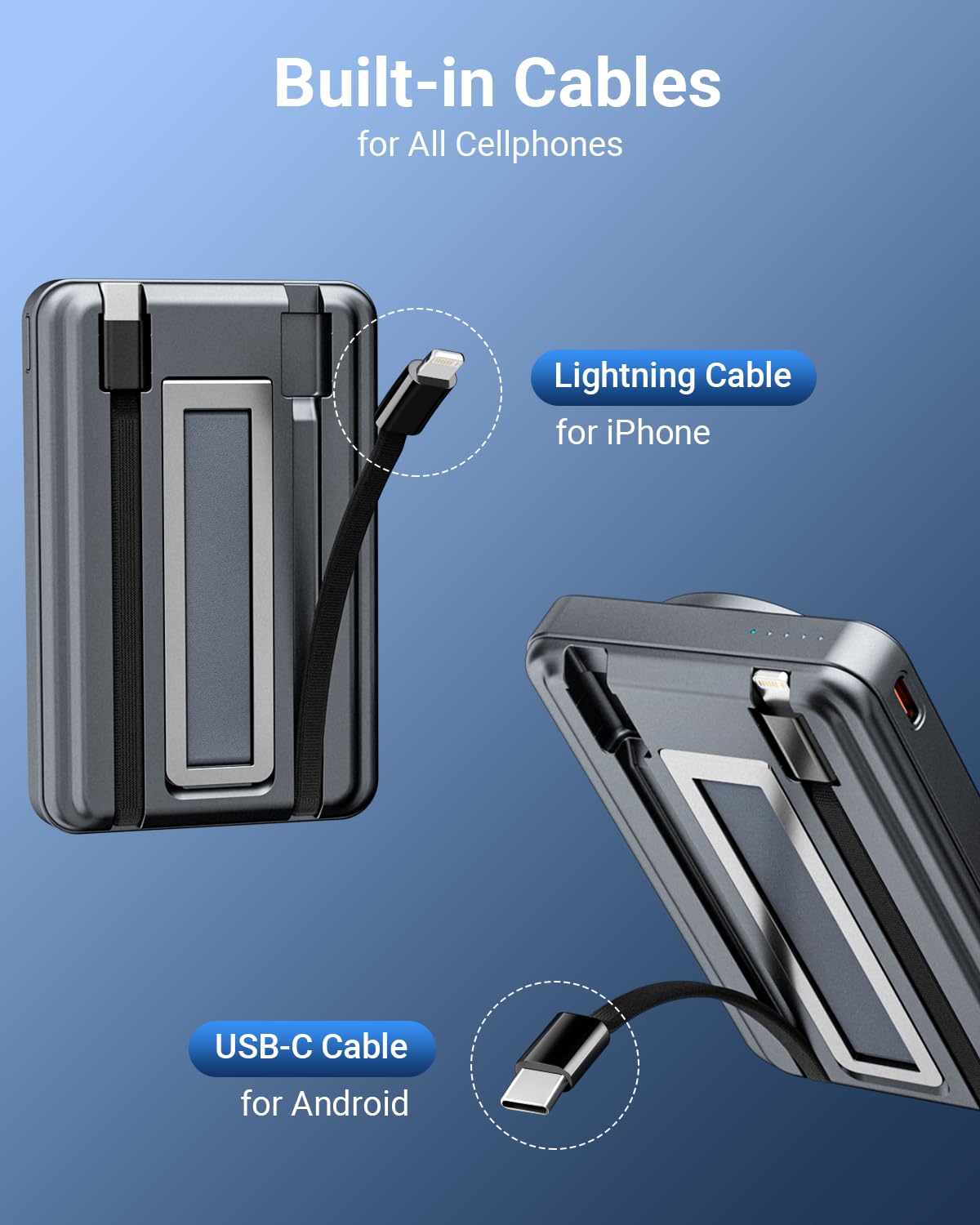 for Magsafe Portable Charger 10000mAh, Wireless Magnetic Power Bank for Apple Watch, 5 in 1 Fast Charging External Battery Pack with Cable and Stand for iPhone 16 Pro Max/15/14/13 Mini(Black)