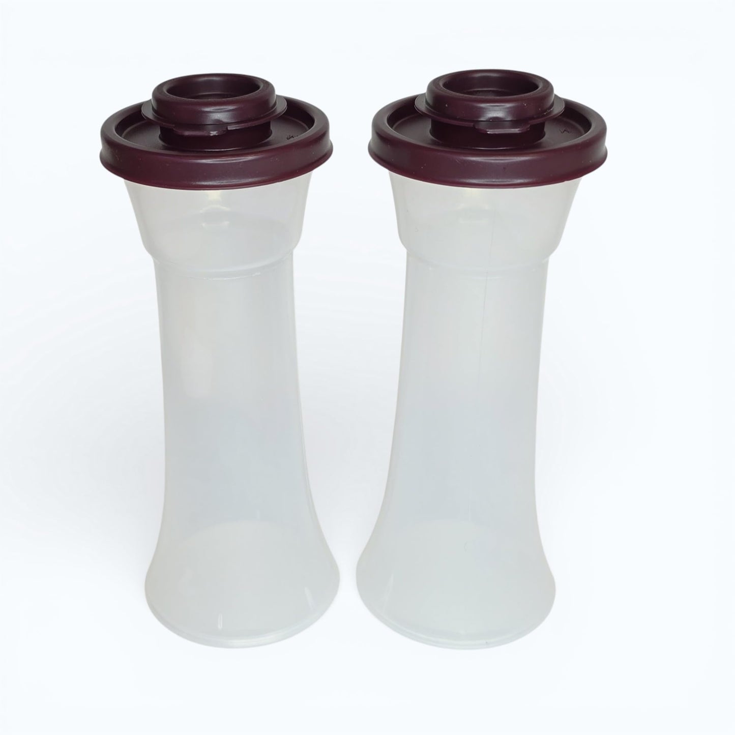 Tupperware Large Hourglass Salt and Pepper Shakers Clear Containers with Dark Vineyard Seals