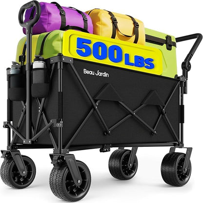 BEAU JARDIN XXL Festival Trolley Beach Cart - 300L 230KG(500LBS) Heavy Duty Folding Wagon All-Terrain Utility Wide Wheels for Camping & Shopping | Push & Pull Handle | Portable Collapsible | Black