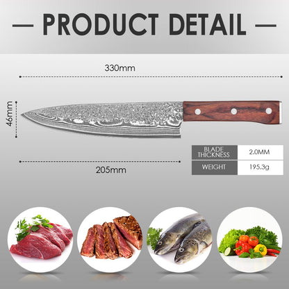 COOKLET'S Chef Knife, 8 Inch Professional VG10 Damascus High Carbon Stainless Steel Ultra Sharp Chef Knife, Vegetable Meat Kitchen Cooking Knife, G10 Ergonomic Color Wooden Handle with Luxury Gift Box