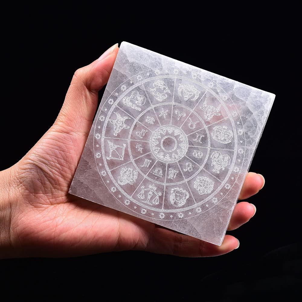 JIC Gem 4" Square Selenite Charging Plate 12 Star Engraved Selenite Slab Healing Crystal Charging Station