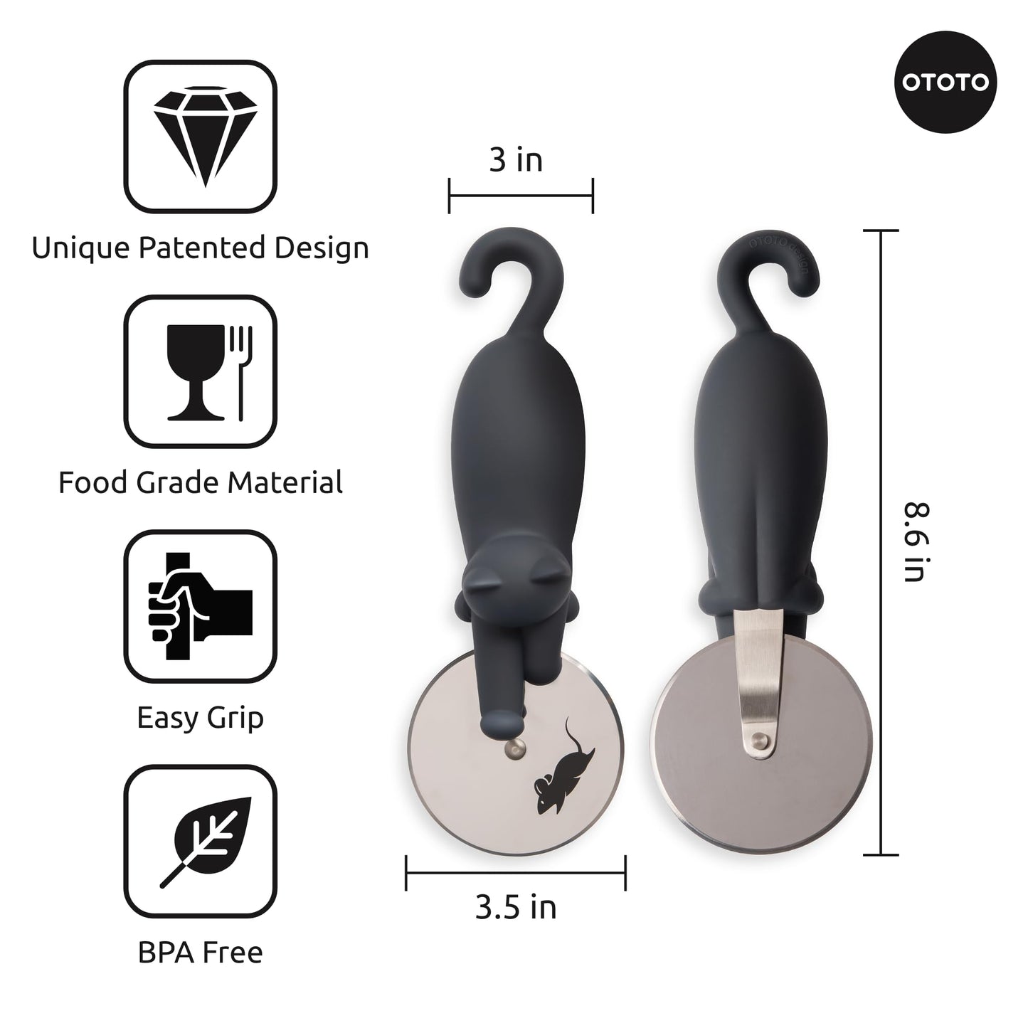OTOTO Kitty Cut Pizza Cutter Wheel - Pizza Cutters Stainless Steel, Funny Kitchen Gadgets and Kitchen Gifts, Cat Gift for Women Cat Lovers