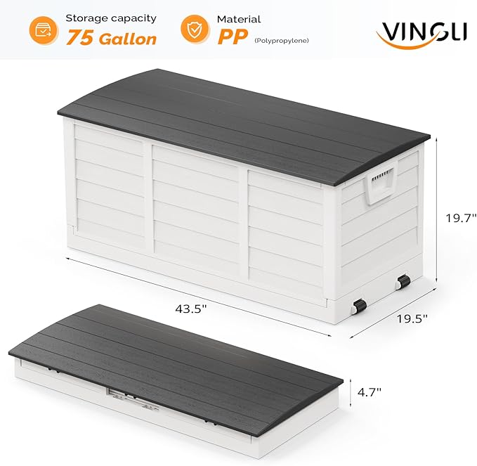 VINGLI 75 Gallon Collapsible Outdoor Storage Box, Simple-to-assemble Plastic Storage Containers with Lid, Patio Deck Box Furniture for Garden, Pool, Balcony, Yard (White)