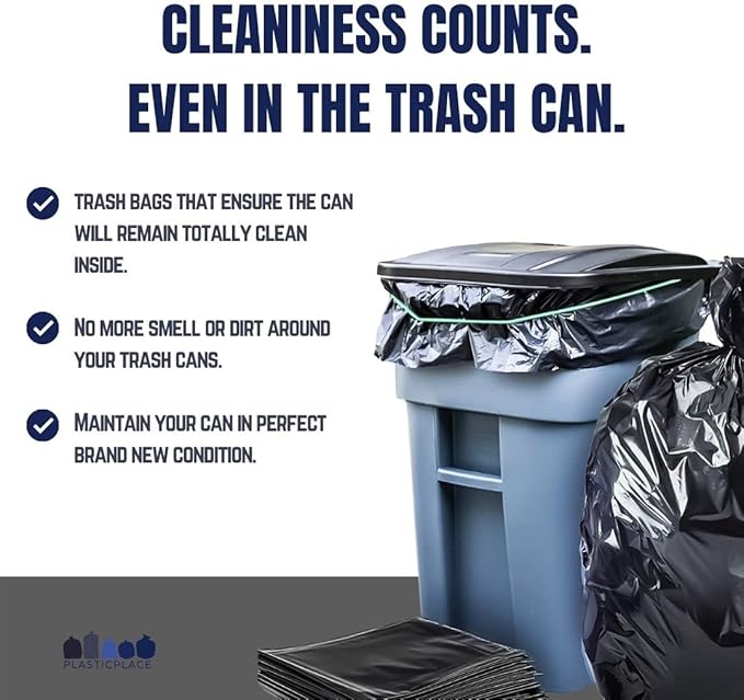 Plasticplace 64-65 Gallon Black Trash Bags, Heavy Duty Toter Can Liners