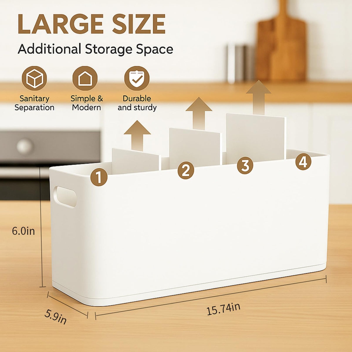 White Wooden Utensil Holder for Counter or Countertop - Extra Large 4 Compartment Wood Utensil Organizer, Painted Spatula Holder, Silverware Crock, Kitchen Utensil Storage