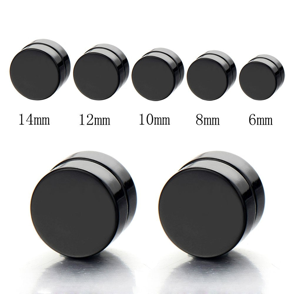 Magnetic Fake Plug Earrings for Men Women, Black Round Faux Gauge Studs, Non Piercing Illusion Ear Plugs