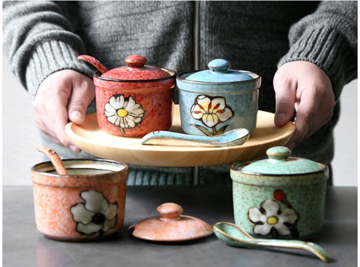 Soyestan Handmade Ceramic Sugar Bowl with Lid and Spoon, 9oz Porcelain Condiment Jar with Hand-Painted Floral Design, Colorful Seasoning Container for Sugar, Salt, Spices Kitchen (Green)