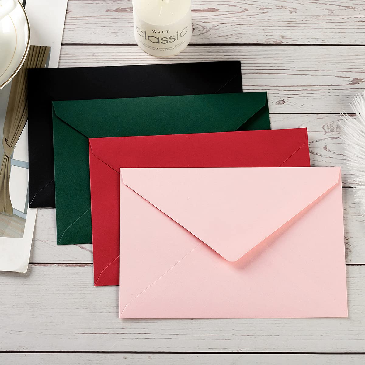 50 Pack A7 Colorful 5x7 Envelopes V Flap Invitation Envelopes for 5x7 Cards, Birthday, Weddings, Graduations, Greeting Cards, Baby Shower 5.24 x 7.24 Inches (Black)