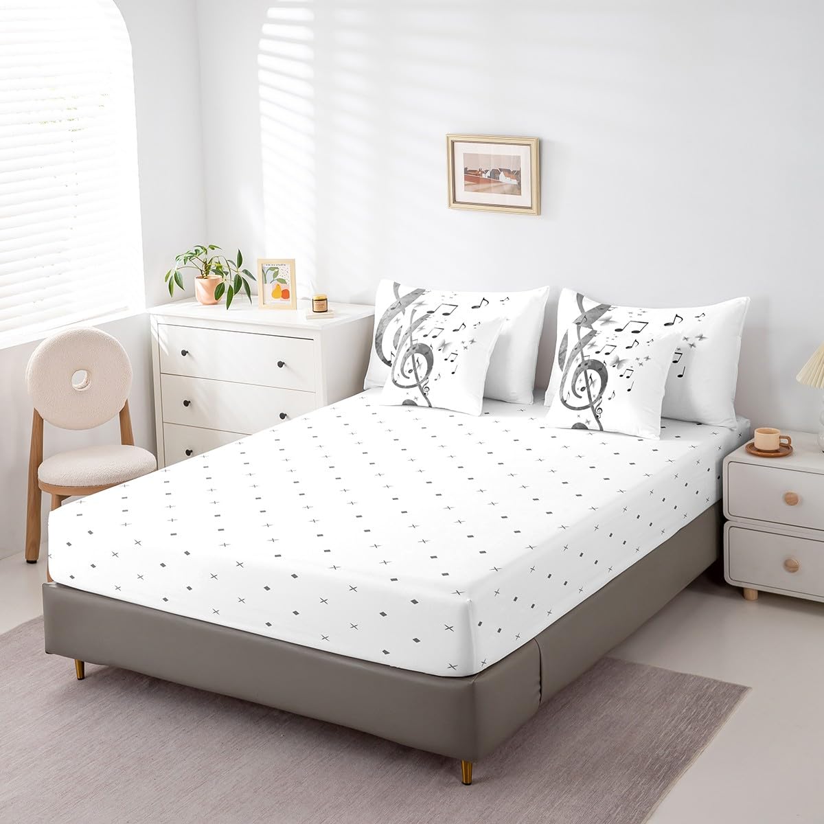 Feelyou Music Comforter Set with Sheets Queen Size Guitar Bed in a Bag for Boys Girls Teens White 7 Pieces Bedding Set Soft Lightweight Microfiber