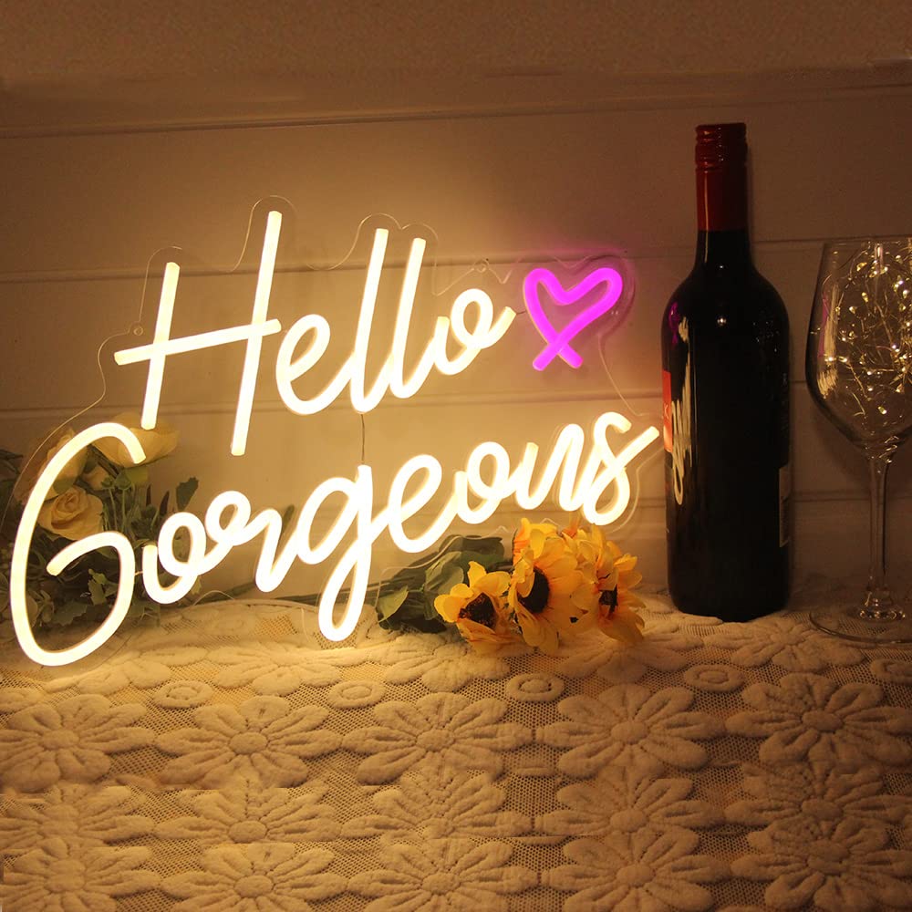 Hello Gorgeous Neon Sign Hello Beautiful Pink LED Neon Lights for Home Wedding Birthday Backdrop Bacelorette Party Wth Dimmable Switch(5V,16.5X10.6inches)