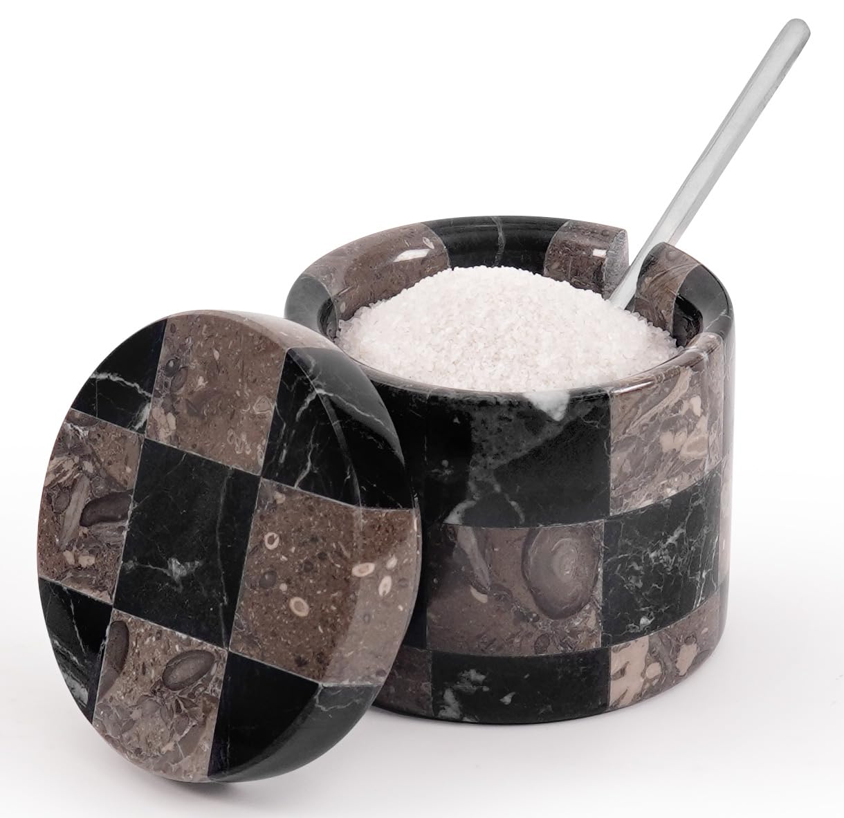 Marble Salt Cellars with Lid and Spoon 3" Black and Oceanic Stone Containers for Kitchen Countertop Storage, Ideal Use For Spice Jars, Sugar Bowl, and Easter Decorations Kitchen