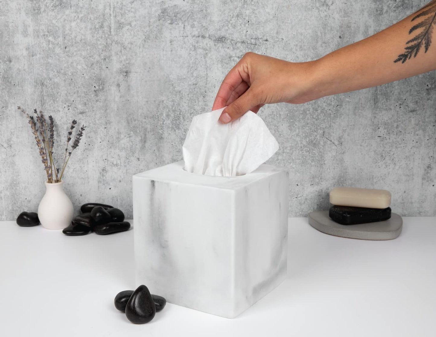 Essentra Home White Marble Square Tissue Box Cover - Blanc Collection