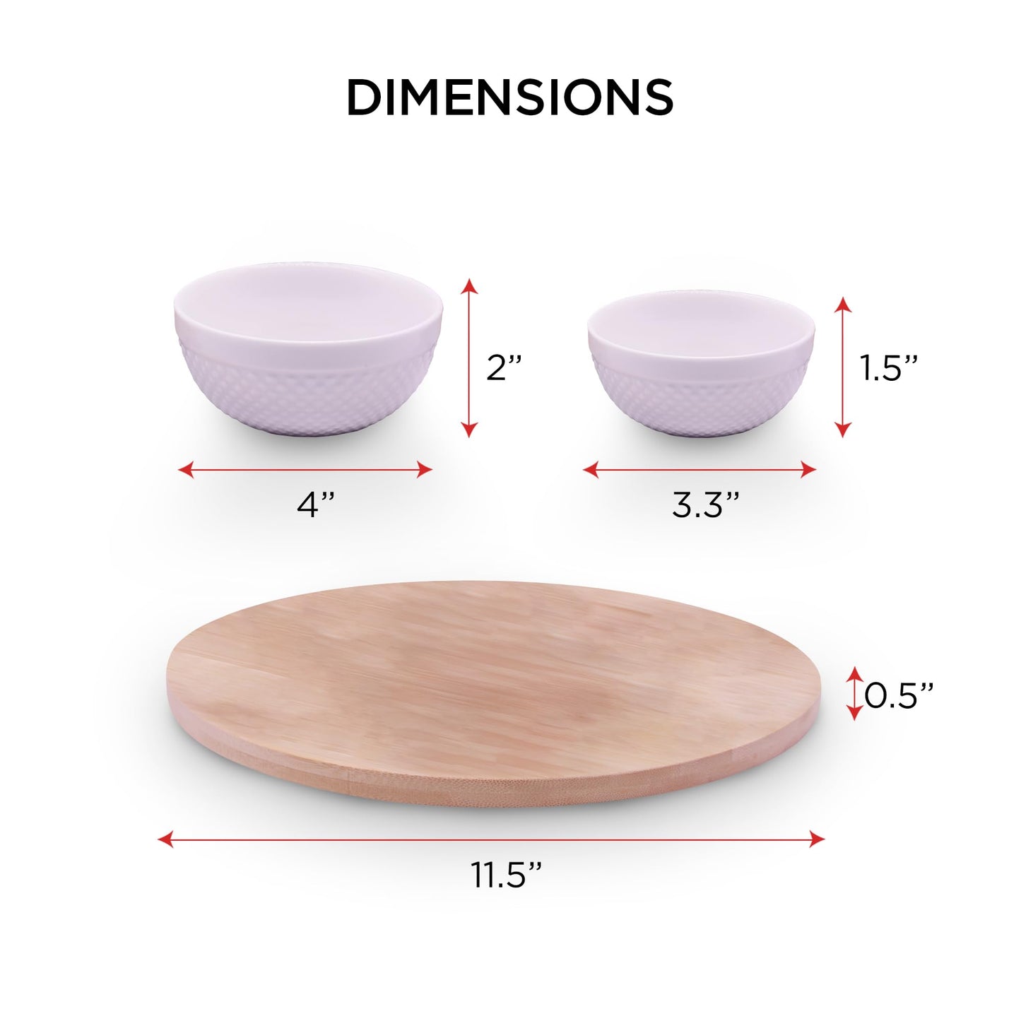 Rotating Bamboo Serving Tray with 6 Small Ceramic Condiment Bowls and 1 Larger Center Bowl - Lazy Susan Style Elegant Serving Set for Dips, Snacks, Appetizers, and More