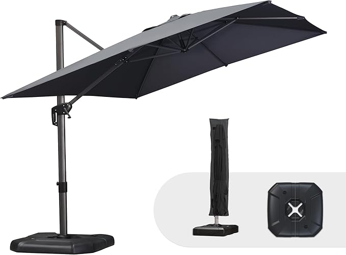 PURPLE LEAF 9'×11.5' Cantilever Patio Umbrella with Base Rectangle Offset Outdoor Umbrella Cover with Zipper for Garden Deck Pool Grey