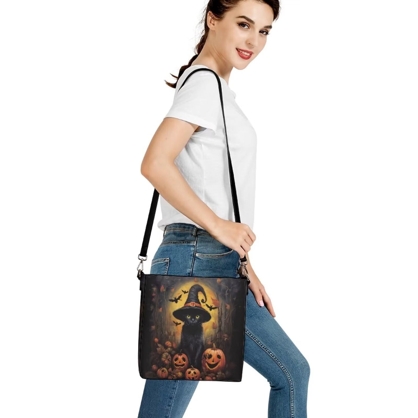 HUGS IDEA Black Cat Halloween Tote Bag for Women Pu Leather Satchel Bags Handbag Crossbody Hobo Purse for Outdoor Travel Holiday Vacation