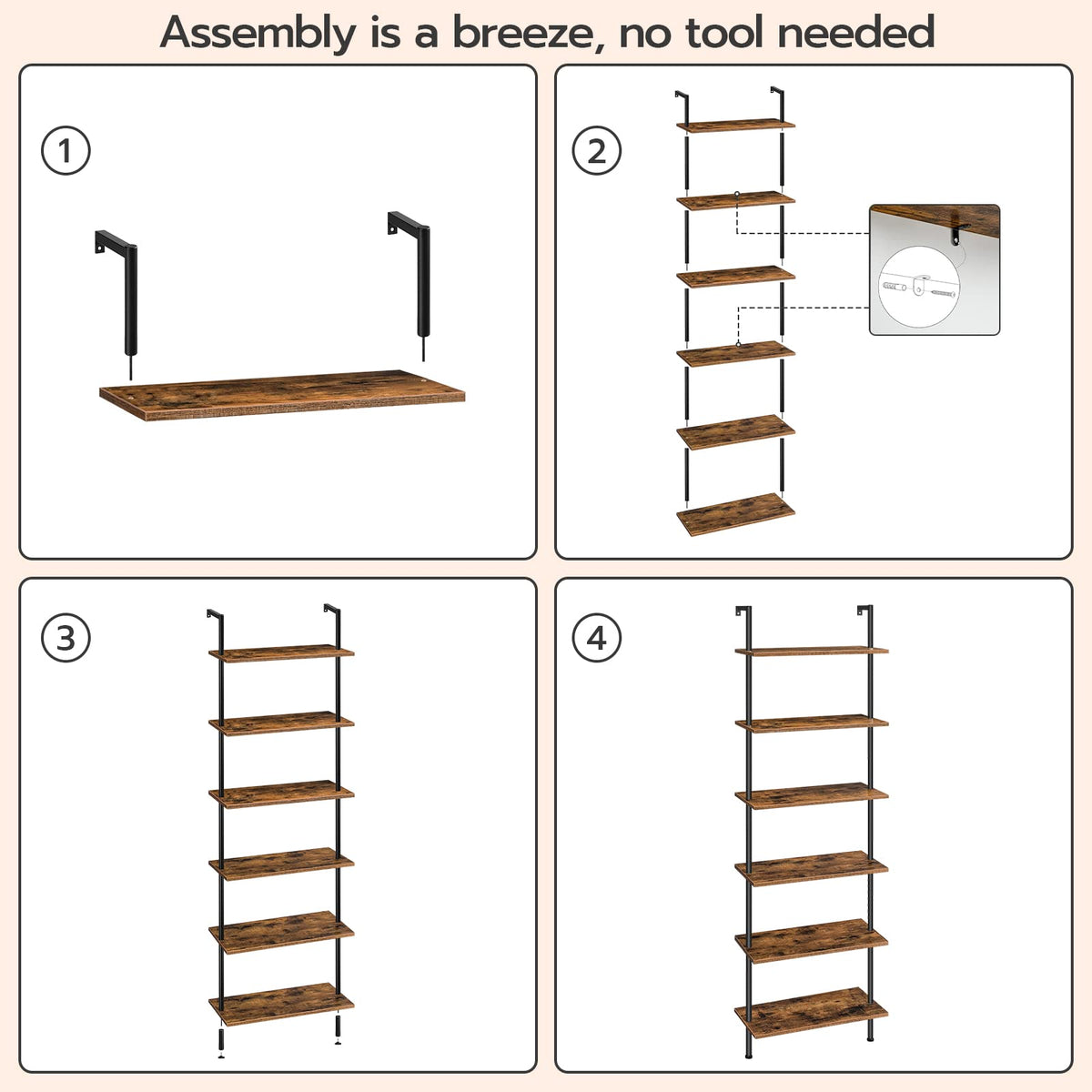 HOOBRO DIY Ladder Shelf, 6-Tier Wall Mounted Bookshelf, Office Vertical Bookcase, Wooden Storage Shelves for Home Office, Bedroom, Rustic Brown and Black BF65CJ01