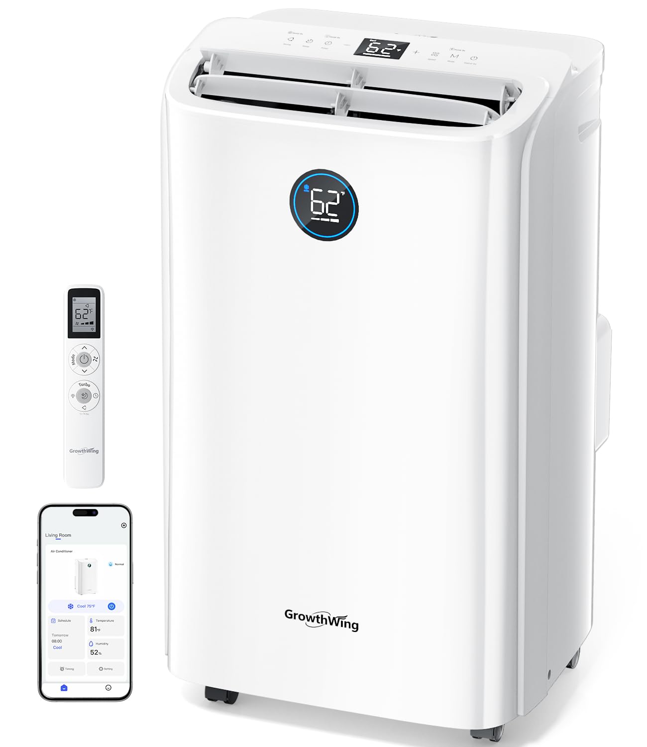 GrowthWing 12,000 BTU Smart WiFi Portable Air Conditioner, Cools up to 550 Sq.Ft, Auto-Evaporation, 3-in-1 Modes, Voice & Remote Control, Quiet Operation, White