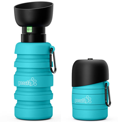 Pecute Dog Water Bottle Portable & Collapsible,17oz-29oz Water Dispenser with Folding Bowl, 5 Levels Capacity in 1,Carabiner Clip,100% Food Grade Silicone,Outdoor Walking,Hiking,Travel,Light Blue