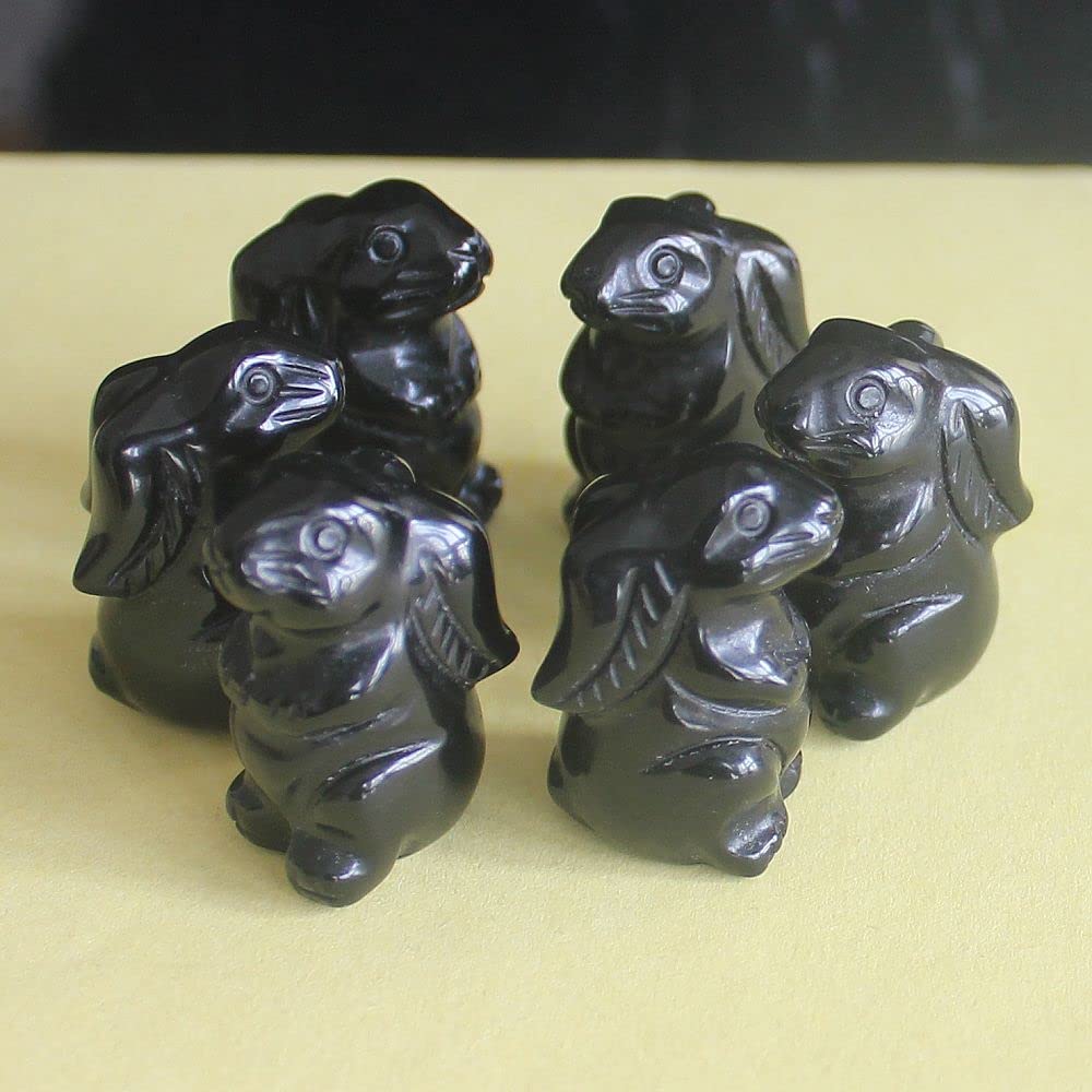 2pcs (Pair Mini Hand Carved Mixed Gemstone Crystal Rabbit Bunny Animal Figurine Animal Carving (Black Obsidian)