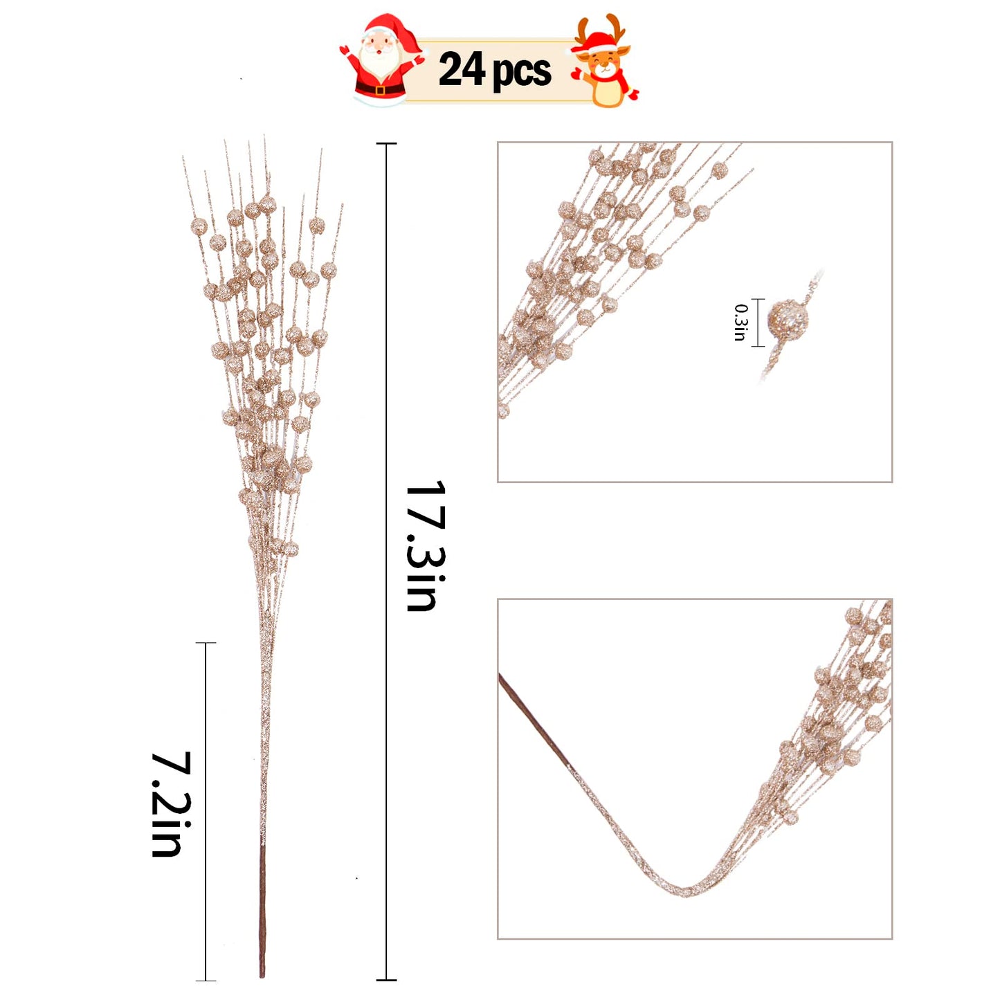 5th LILY 24 PCS Artificial Glitter Holly Berry Stem Ornaments Berry Picks Branches Glittery Bead Sticks for Christmas Tree Decorations Wreath Vase and Home Decor,Champagne