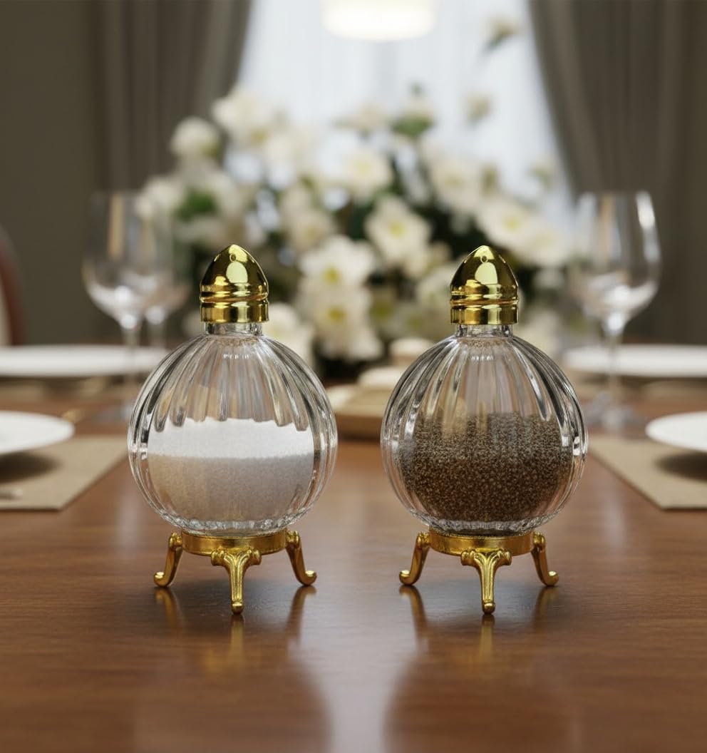 Decorative Glass Salt and Pepper Shakers, Globe Design, Gold-Silver Tone Metal Stand, Set of 2 (Gold)