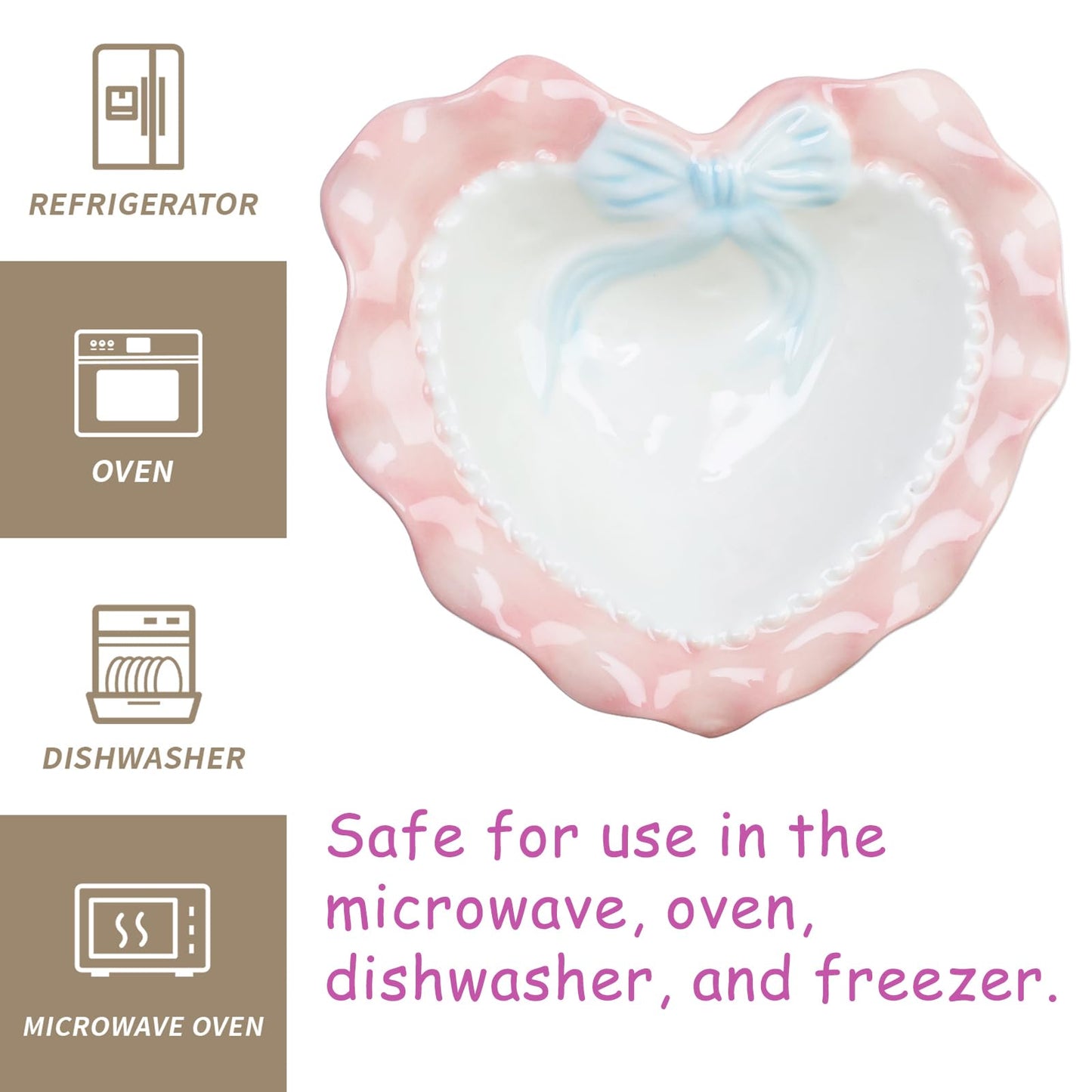 Bitray Heart Shaped Dessert Bowl Lovely Ceramic Wavy Lace Bowl for Rice Grain Fruit and Salad (Pink)
