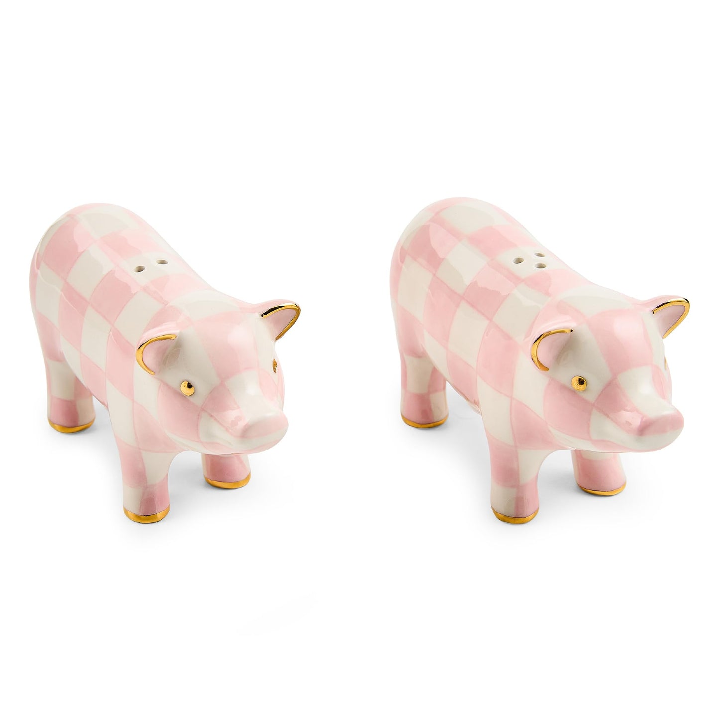 MACKENZIE-CHILDS Set of 2 Ceramic Salt and Pepper Shakers, Kitchen Table Accessories, Pink-and-White Rosy Pig