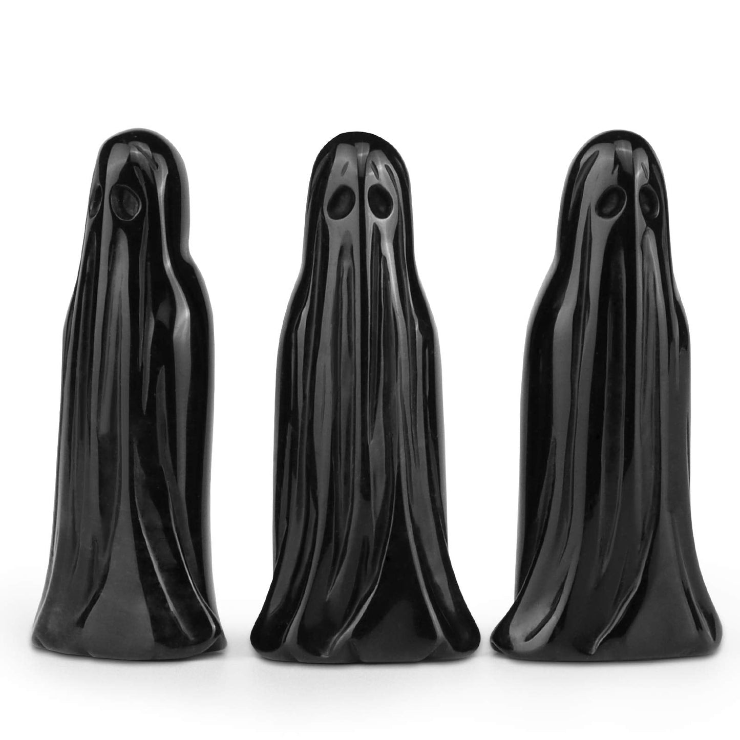Artistone 3.0" Black Obsidian Halloween Crystal Ghost Carving Statue Figurine Hand Carved Gemstone Ghost Collectibles Sculpture Stone for Carnival Party Decoration with Gift Box