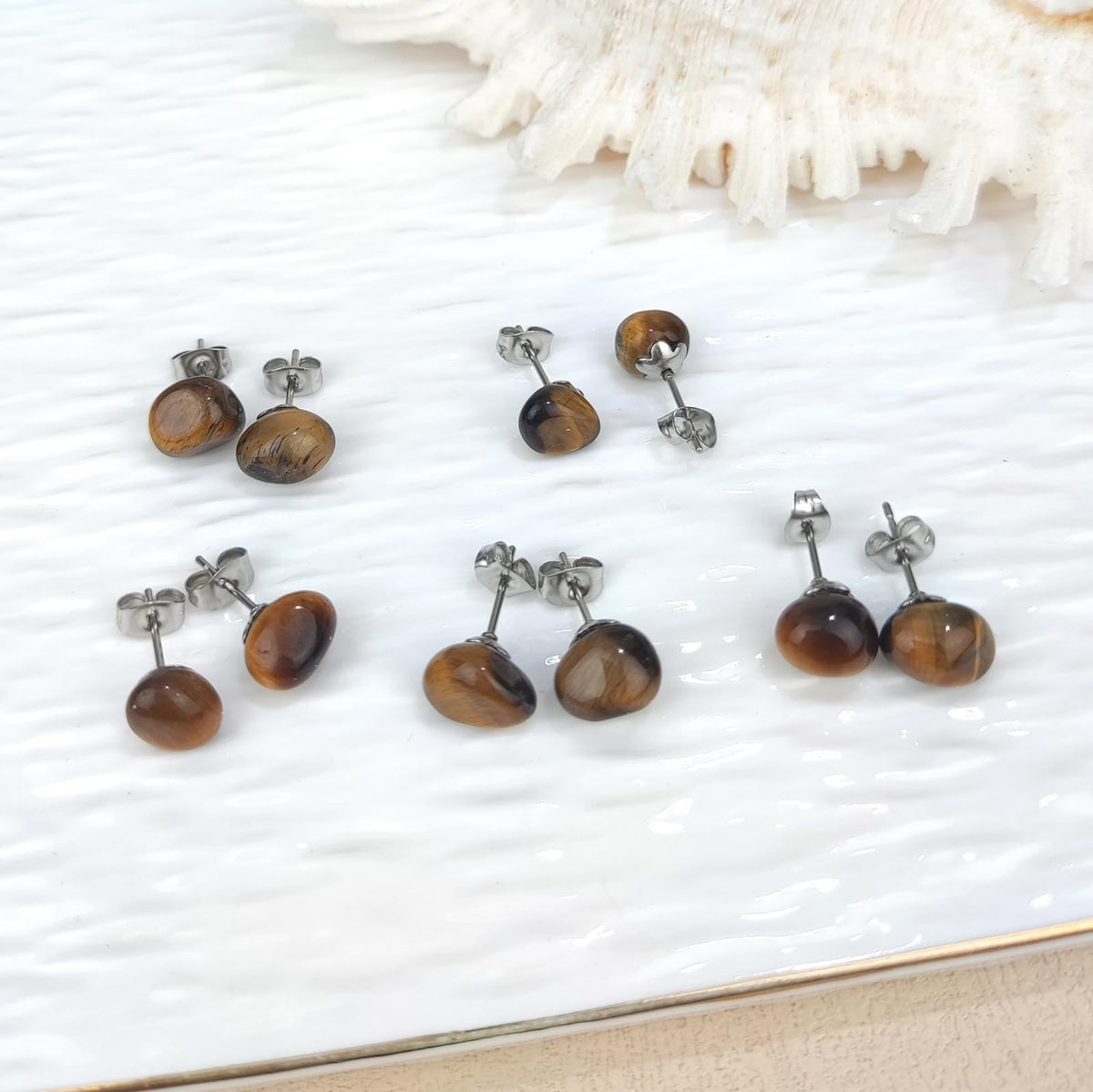 Tiger Eye Earrings, Stainless Steel Natural Gemstone Tiger Eye Stud Earrings for Men, Bohemia Tiger Eye Jewelry Brown Earrings for Women (Tiger Eye)