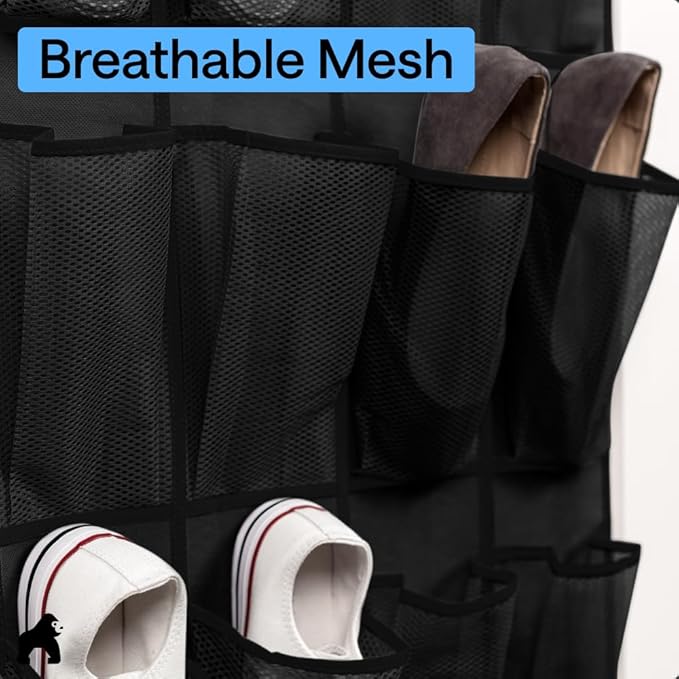 GORILLA GRIP Over the Door Shoe Organizer, 24 Large Breathable Mesh Pockets
