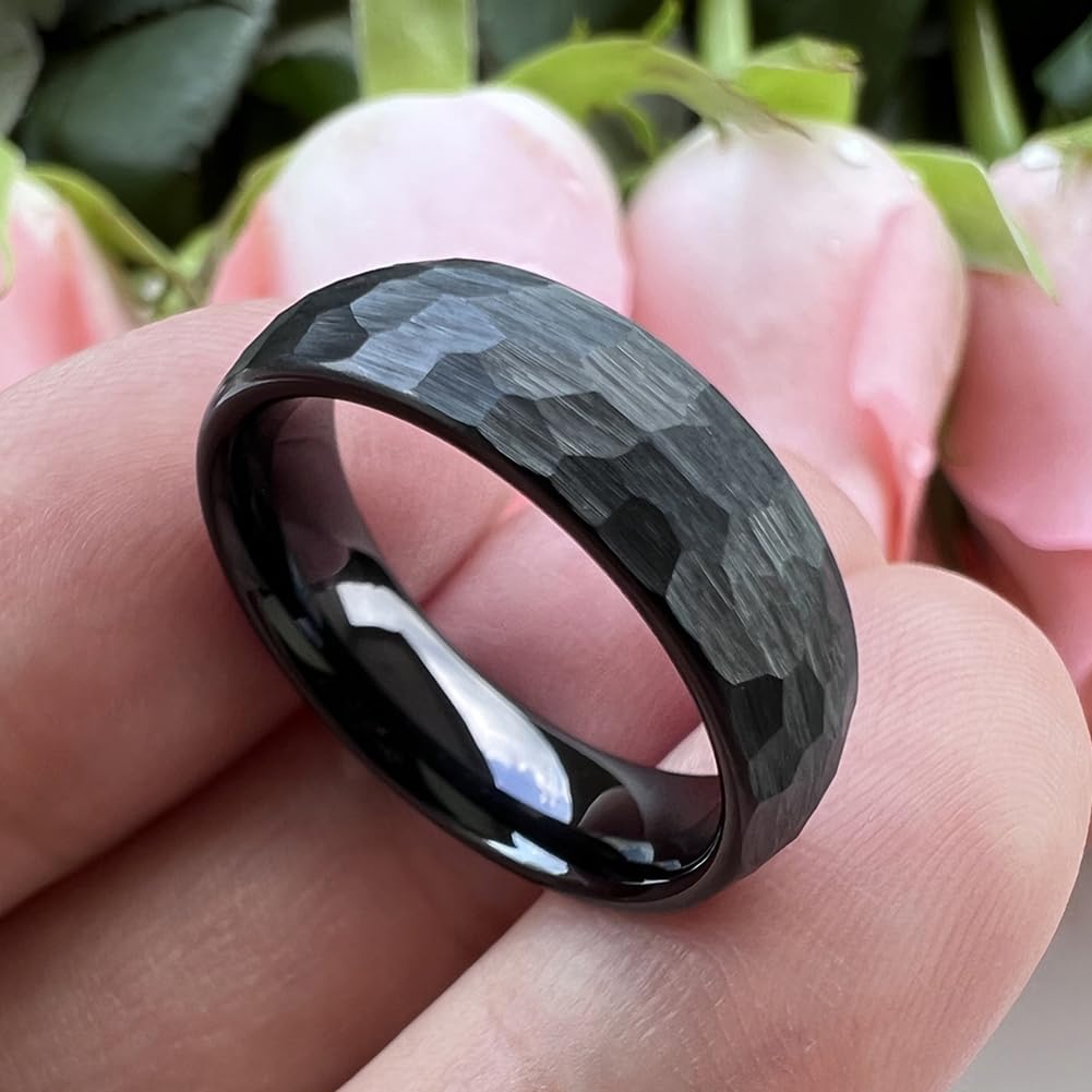 TUTISS 6mm Black Hammered Tungsten Carbide Rings for Men Women Engagement Wedding Bands Domed I Love You Engraved Comfort Fit Size 8