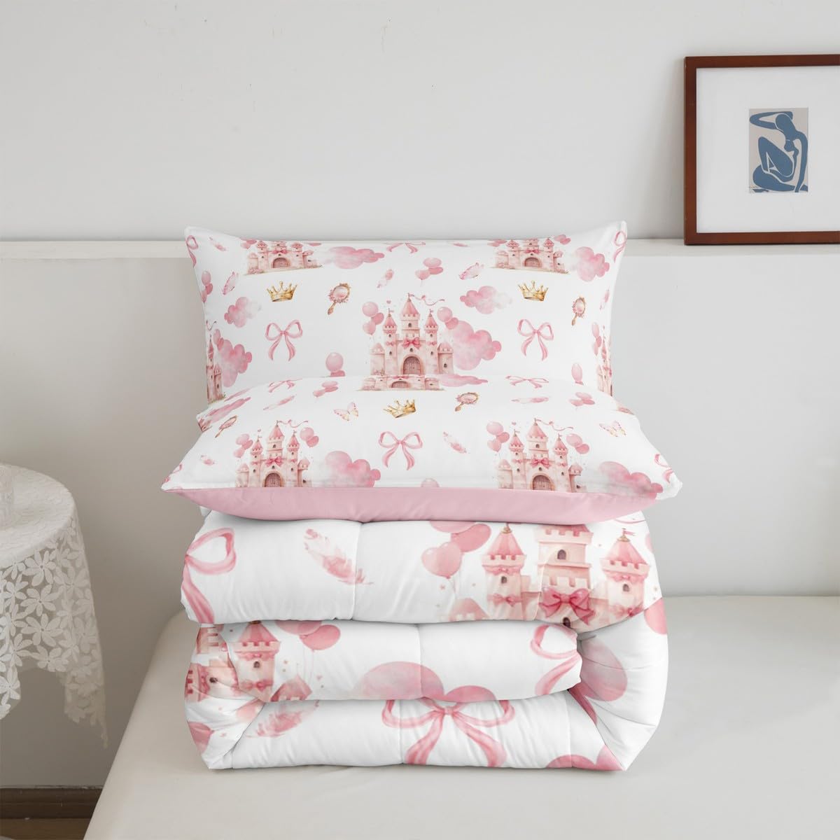 Feelyou Kids Pink Castle Duvet Insert Twin Size, Cute Bowknot Comforter Set Boys Girls Girls Dreamy House Bedding Set Fairytale Teens Bedroom Decor Bed Set 2Pcs