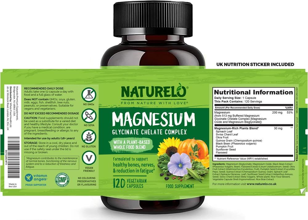 NATURELO Magnesium Glycinate Chelate Complex - 200 mg Magnesium with Whole Food Extracts to Support Energy, Nerves & Healthy Bones – 120 Vegan Capsules | 4 Month Supply
