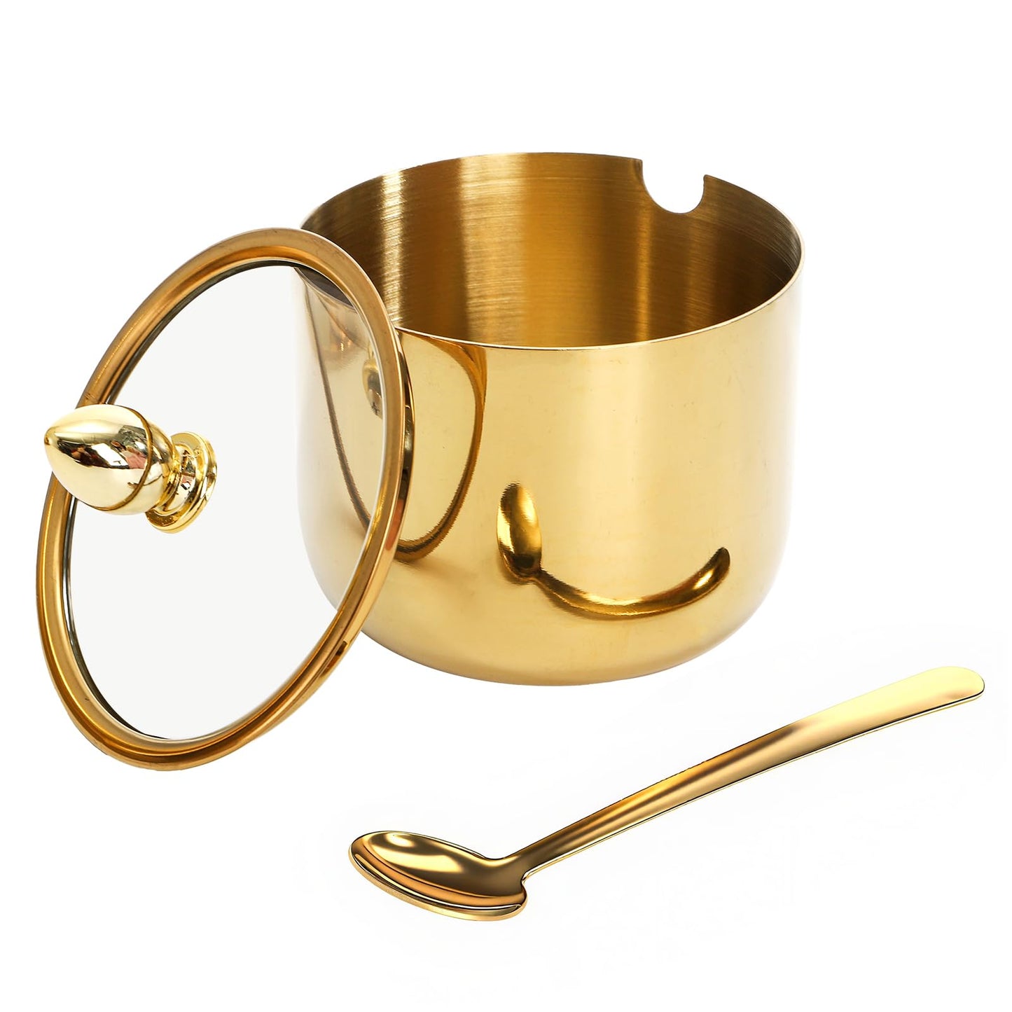 Hedume Set of 3 Grids 304 Stainless Steel Seasoning Containers with Glass Lid Spoon and Tray, 11 oz Gold Condiment Jar Spice Container, Condiment Canisters Pots for Serving Sugar, Pepper, Salt, Candy