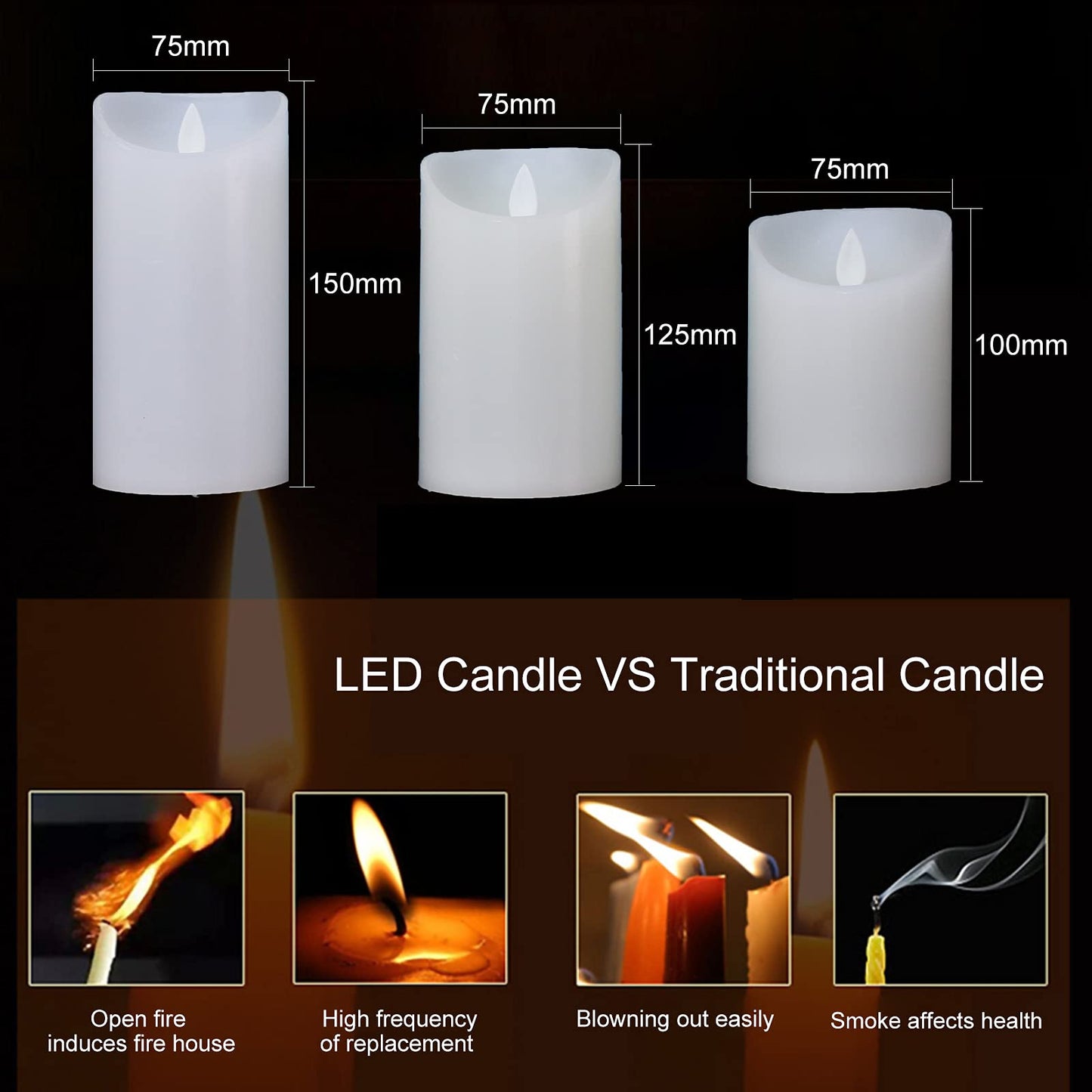 ILEEDear LED Candles - Flickering 4" 5" 6" Real Wax With Remote Control Timer - Flameless Christmas and Ramadan Decorations Pack of 3 (Ivory)