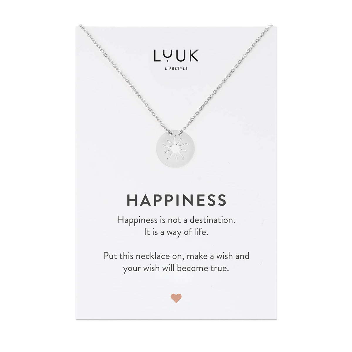 LUUK LIFESTYLE Necklace for women made of quality stainless steel with sun pendant and HAPPINESS gift card, modern and trendy jewelry for summer, Mediterranean sign of vitality, lucky charm, silver