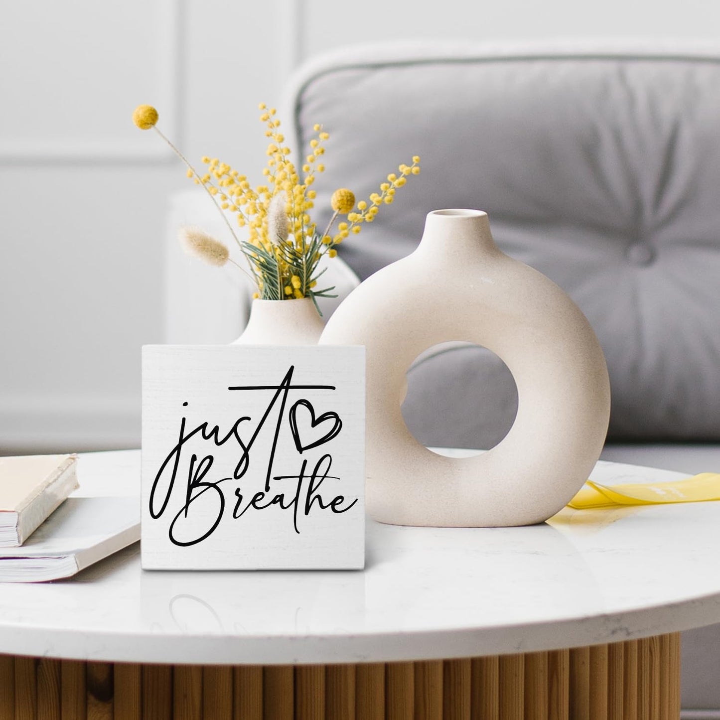 Nvotell Inspirational Desk Decor, Just Breathe Mental Health Wooden Box Sign, Motivational Positive Wood Block Plaque for Home Office Desk Shelf Tabletop Decor 5x5 Inch