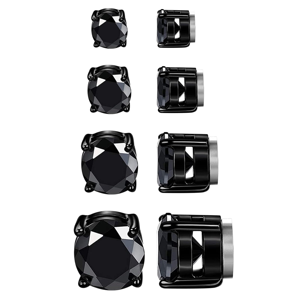 Magnetic Non-piercing Clip On Earrings: Stainless Steel 5-8mm Black CZ Inlay Round Fake Cheater Studs for Men Women, 4 Pairs