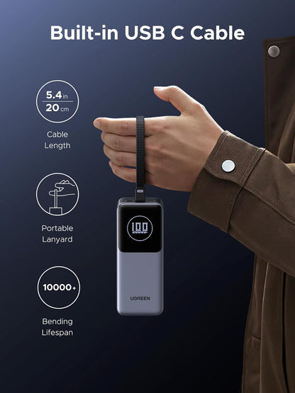UGREEN Nexode Power Bank 20000mAh 130W with Built-in USB C Cable Laptop Travel Portable Charger, 80W Input, Fast Charging for MacBook Pro/Air/iPhone 17/16/iPad Pro/Galaxy S25 Ultra/Dell/HP and More