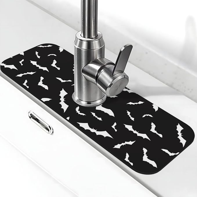 Halloween Cool Black Bat Kitchen Sink Splash Guard Faucet Mat Super Absorbent