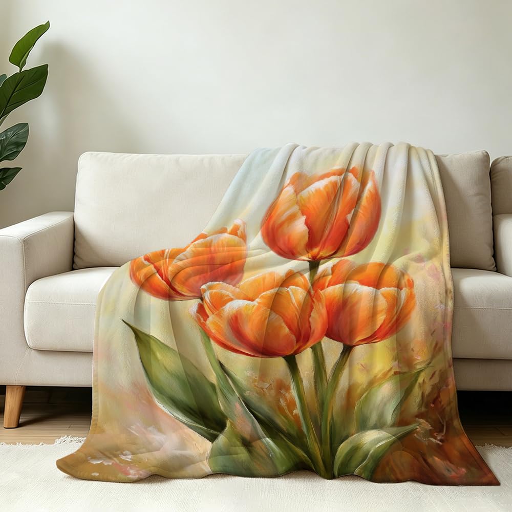 HUNXIAOJ Tulip Blanket Floral Throw Blanket Tulip Gifts for Women Rustic Flower Decor Floral Bedding Warm Soft Flannel for Girl Sofa Couch (49in x 59in)