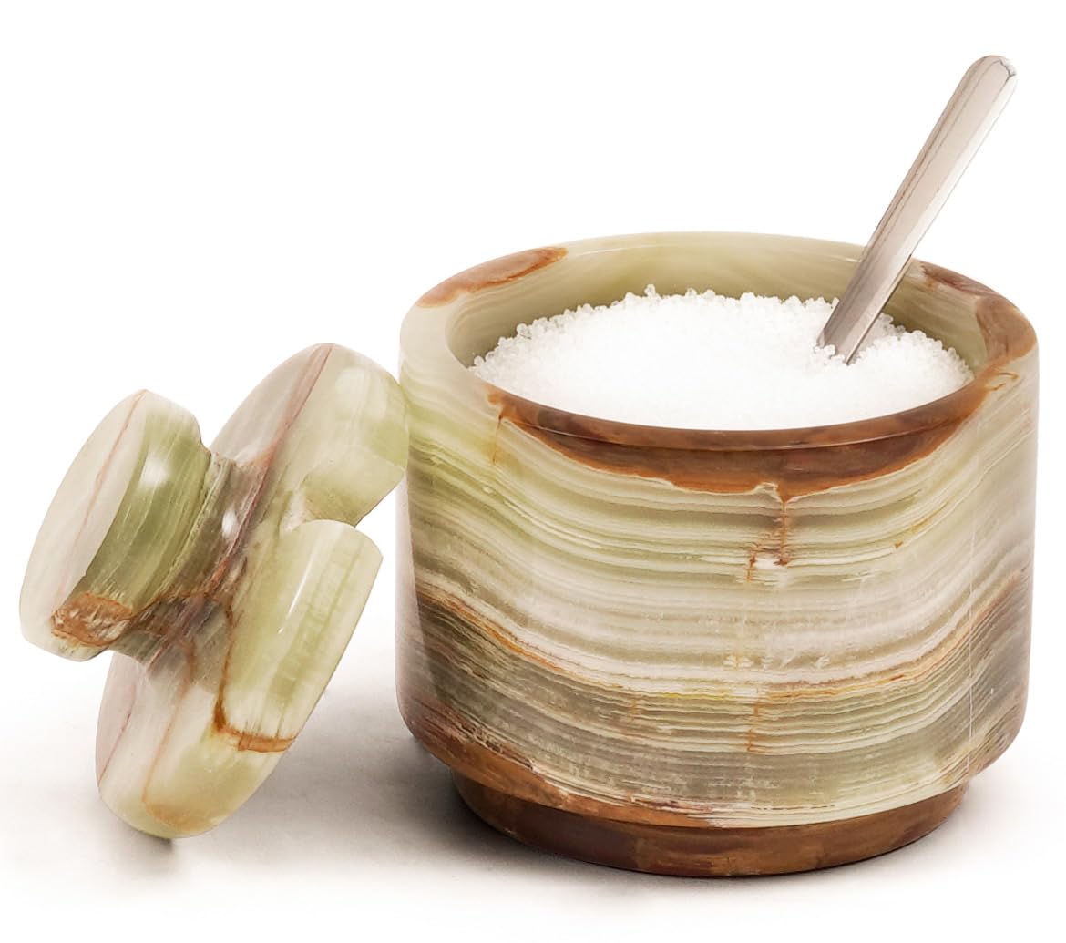MARBLOUS KRAFTS Marble Salt Cellar with Lid & Spoon 3" Green Onyx Seasoning Container, Spice Holder, and Salt Bowl for Countertop, Perfect for Kitchen Storage, Sugar Jar, and Gift for Her