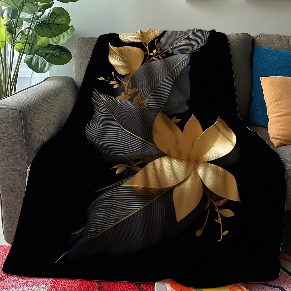 HUNXIAOJ Black and Gold Throw Blanket Abstract Print Blanket Gold Leaves Throw Abstract Bedding Warm Soft Flannel for Adults Bed Sofa Couch (50 in x 60 in)