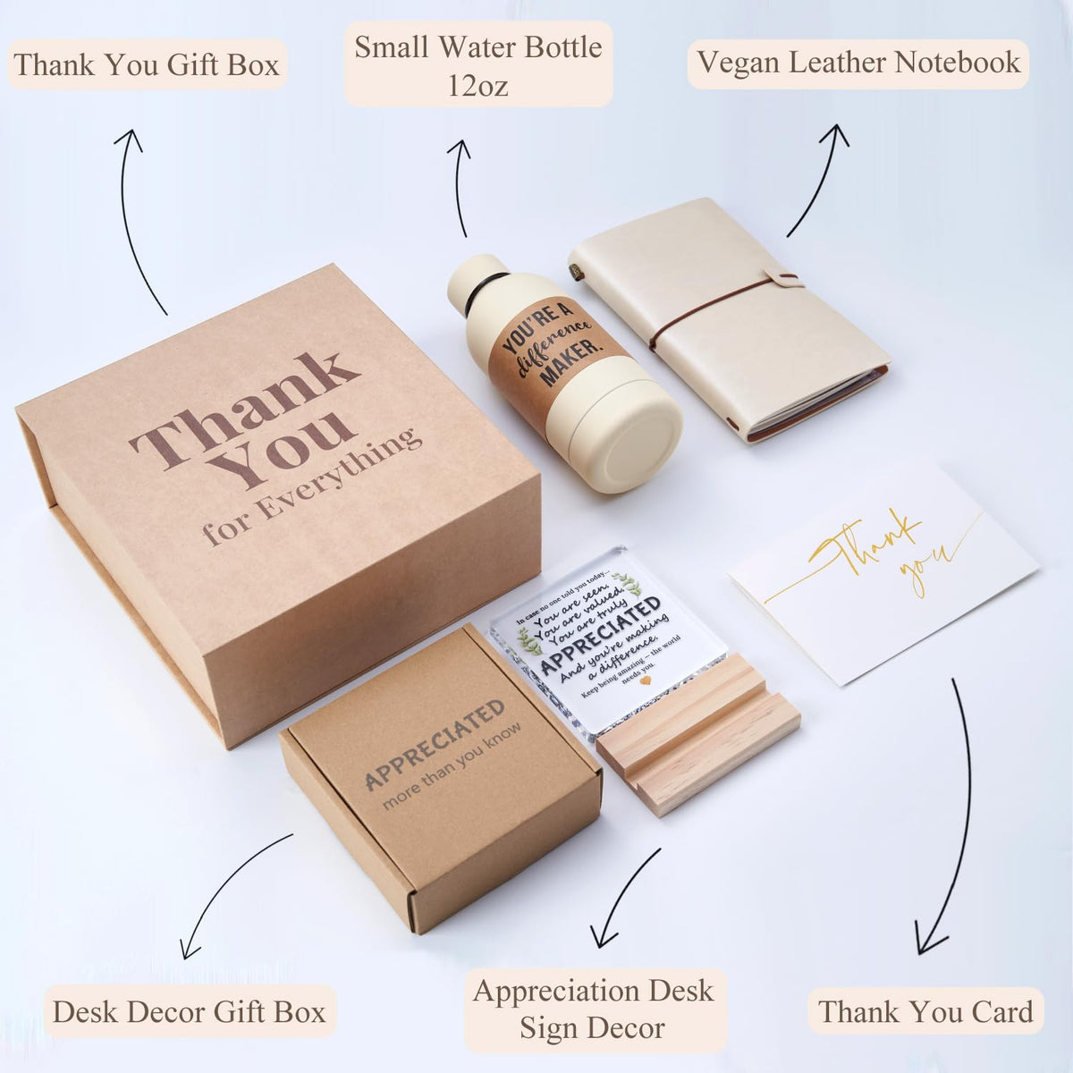 GYLACELU Employee Appreciation Gifts Box Set – Coworker Gift Set Includes Vegan Leather Notebook, Insulated Bottle, Desk Sign, Card, Gift Box – Thank You Gifts for Staff, Teachers, Volunteers (IVORY)