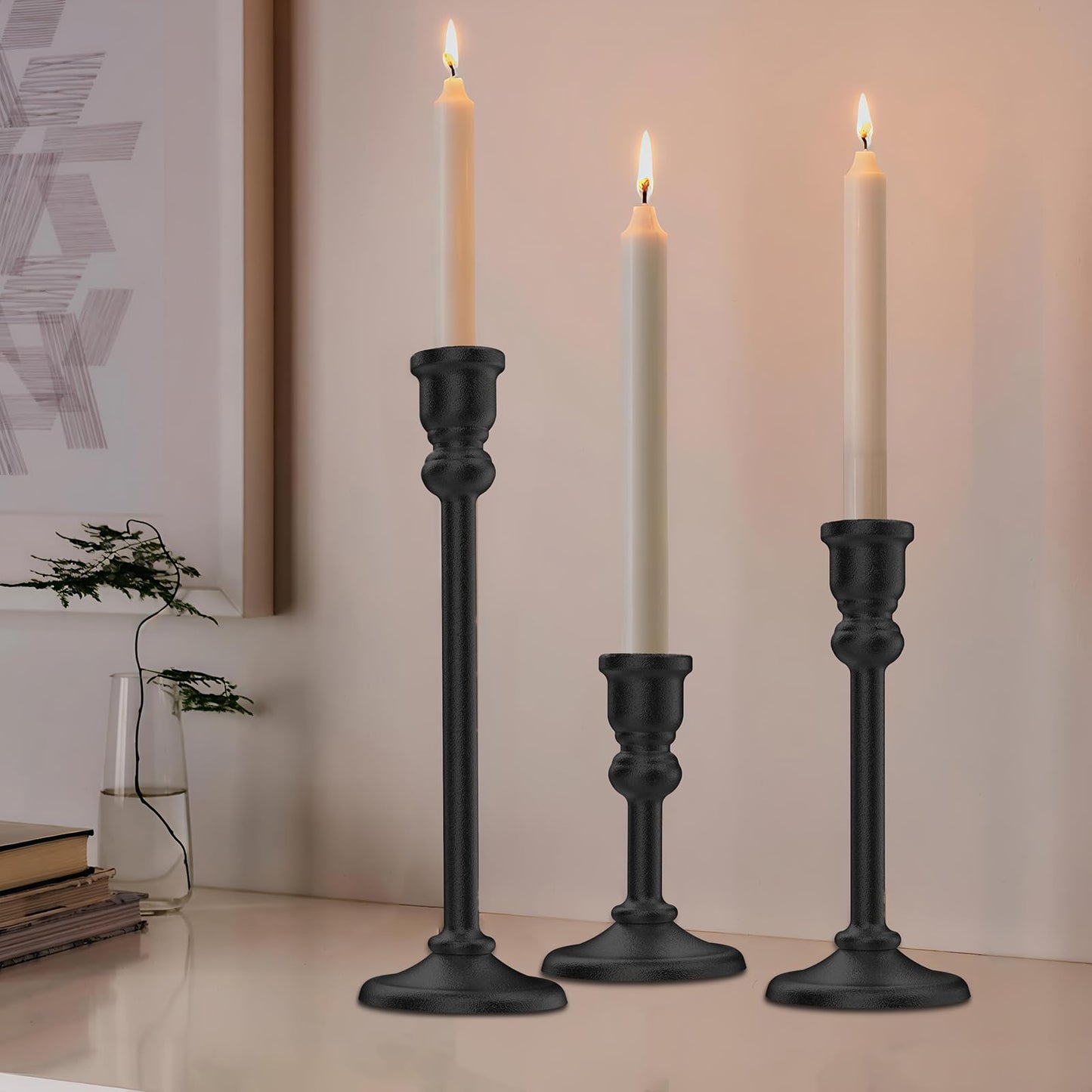 Black Heavy Candlestick Holders Taper Candle Holders Set of 3, Golden Candlestick Holders Decorative Candle Stand, Tapered Candle Holders Set for Wedding, Dining Table, Home Decoration (Antique Black)