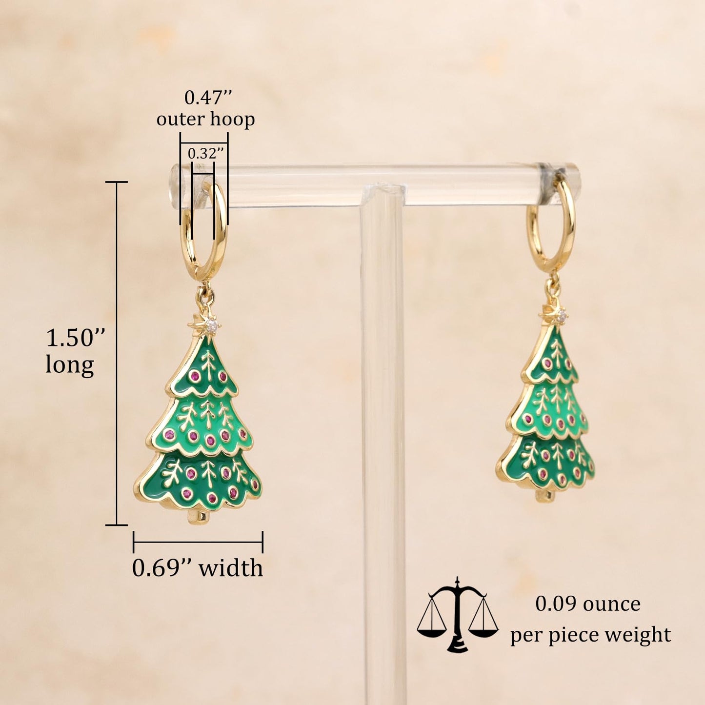 Sonateomber Christmas Tree Stocking Stuffers Dangle Drop Earrings for Women, Dainty Cute Xmas Gold Green Enamel Tree Dangling Hoop Santa Earings Holiday Party Outfit Accessories Costumes Jewelry Gift