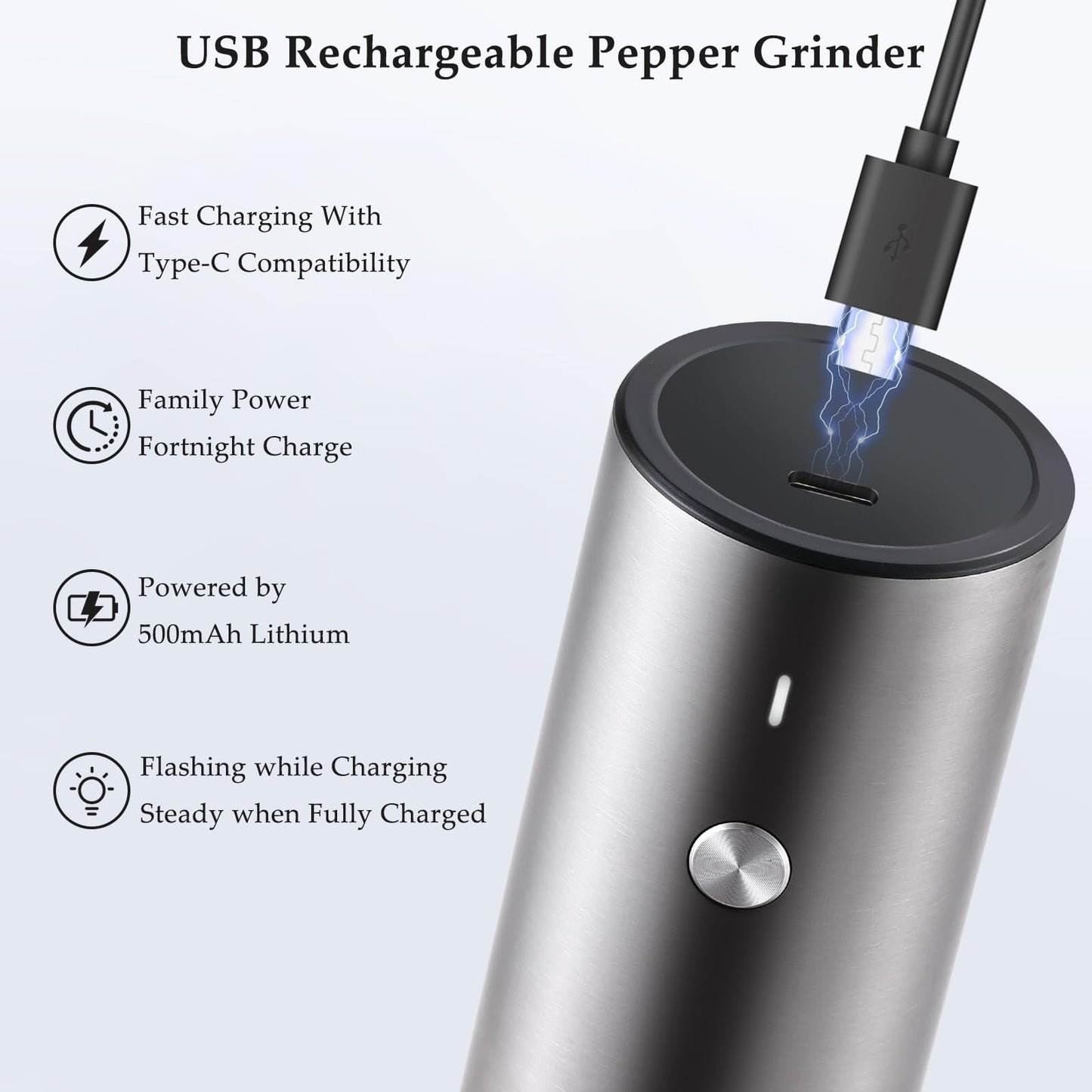 Electric Salt and Pepper Grinder, USB Rechargeable, Automatic Salt and Pepper Shaker, Adjustable Coarseness, Electric Pepper Mill, LED Light, Refillable, Kitchen Gadget (1-Pack, Stainless Steel)