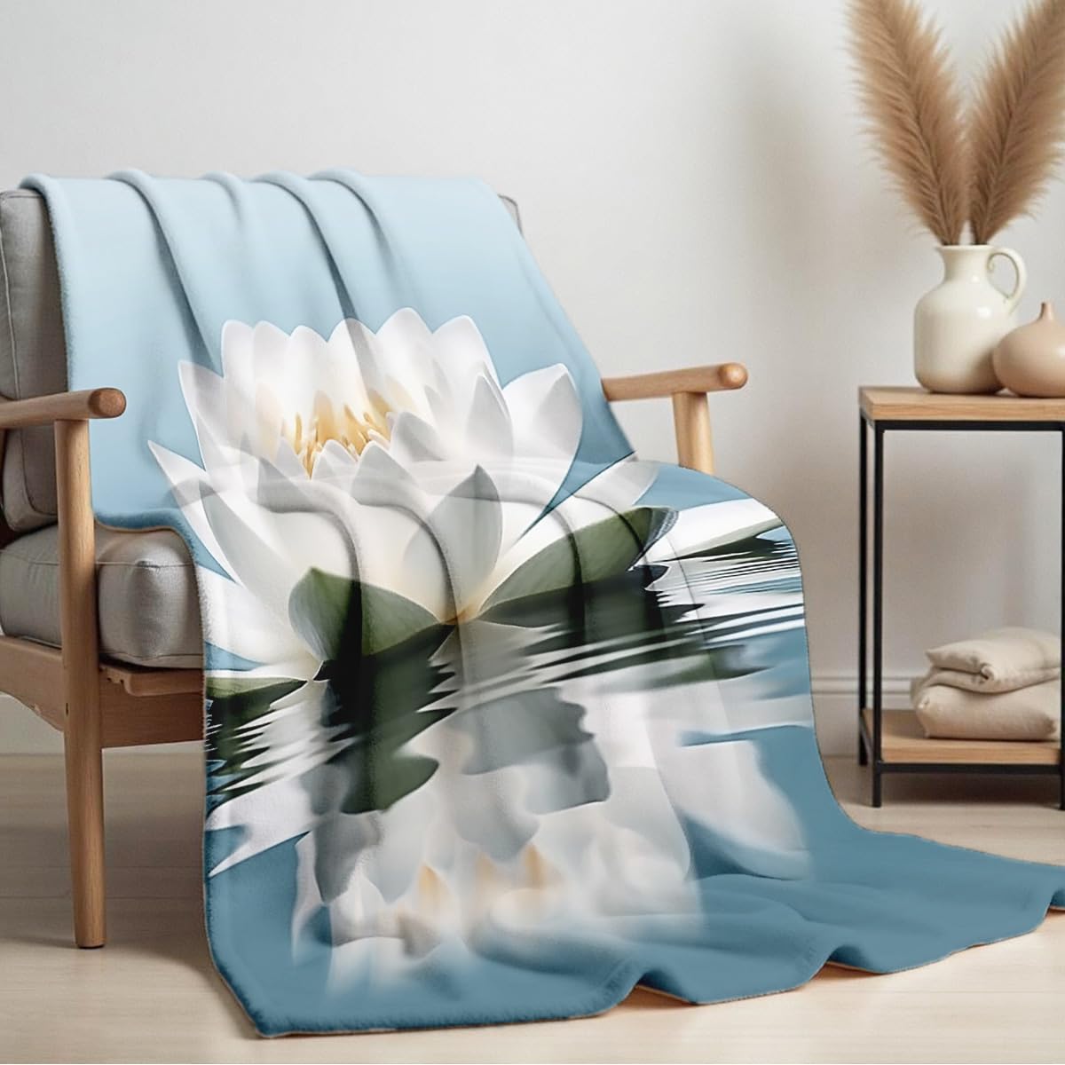 HUNXIAOJ Lotus Flower on Water Print Blanket White Floral Throw Blanket Zen Flannel Throw for Couch Bed Office Yoga Room Meditation Spa Decor Gifts (49"x59")