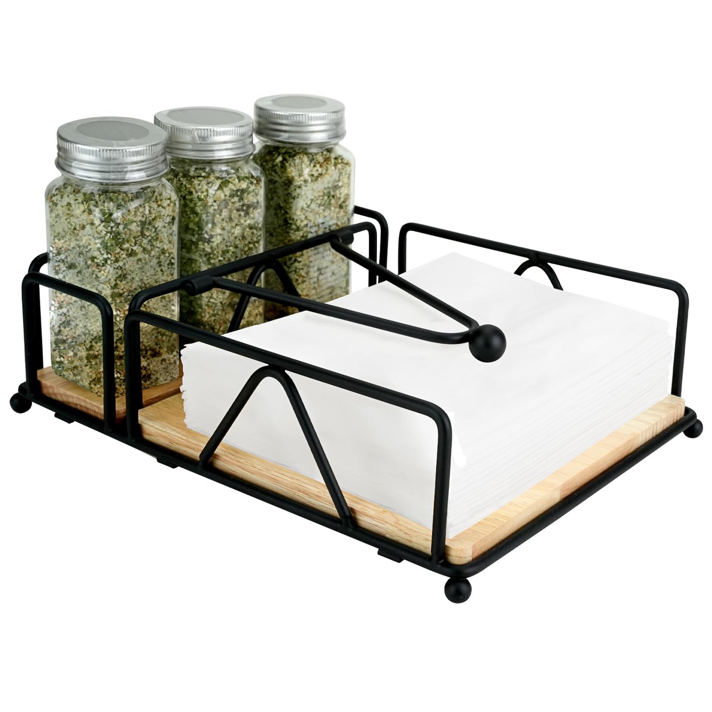 Mulaibdin Napkin Holder, Flat Table Napkin Holder for Salt and Pepper Shakers, Metal Napkin Holders with Weighted Arm & Wooden Base for Kitchen Countertop (Black)