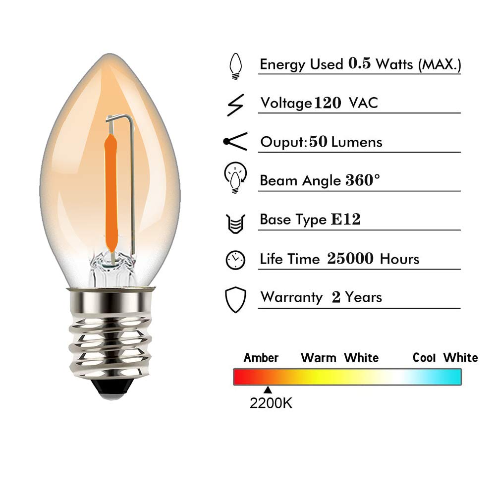 Tsunetani-C7 Edison 0.5W Equivalent to 5 Watt Incandescent LED Filament Mini Night Light Bulbs - E12 Candelabra Base 2200K Ultra Warm White for Home Decorate 50Lumens - 10Pack (Amber Glass)